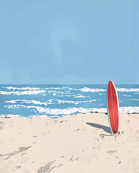 A vibrant red surfboard rests on the sandy beach, waiting to glide through the crystalclear waters under the vast blue sky, promising an exhilarating windsports adventure