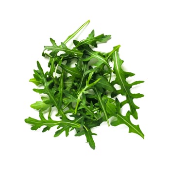 Heap of arugula leaves. Fresh green arugula or rucola leaves isolated on white with clipping path. Top view or flat lay