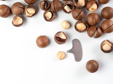 Set of macadamia nuts and nut cracker sheller on white background. Set of macadamia nuts - whole unshelled, with open shells, and shelled. Isolated on white. Copy space for text. Top view or flat lay