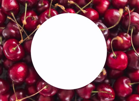 Creative layout with fresh ripe berries. cherry background with white circle for copy space. Can use for your design, promo, social media, Top view