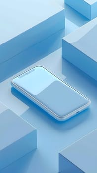 An electric blue cell phone rests on a transparent azure plastic rectangle, creating a striking contrast against the aqua background