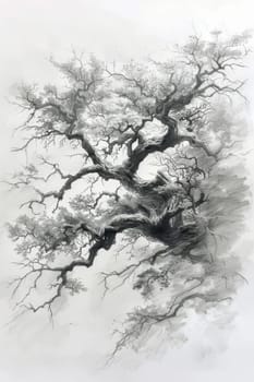 A stylized tree drawn in black pencil on a white background.