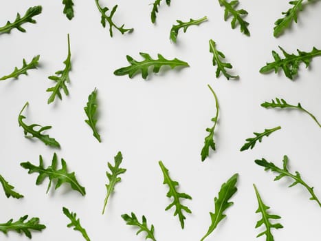 Arugula pattern with copy space in center. Arugula isolated on white backgrund. Frame made of arugula leaves. Flat lay, top view