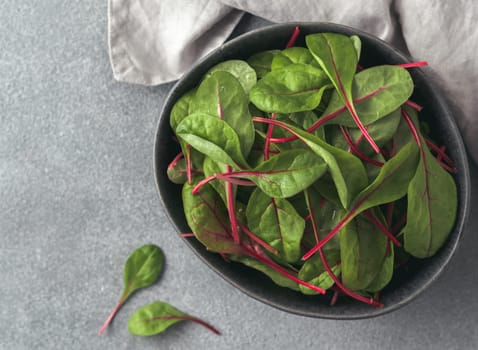 Fresh salad of green chard leaves or mangold on gray stone background. Flat lay or top view fresh baby beet leaves in craft ceramic bowl.