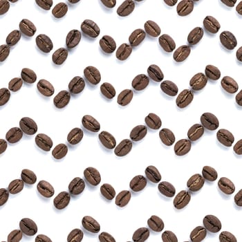 Beautiful trendy zigzag seamless pattern of coffee beans closeup on white background. Coffee border design. Top view or flat lay. Food background
