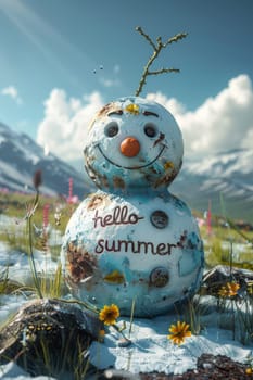 A funny little snowman in nature with the inscription hello summer on it.