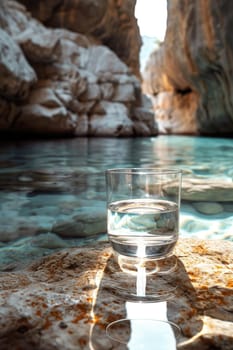 A transparent glass glass with drinking mountain water on the background of a mountain river . The concept of drinking mineral water.