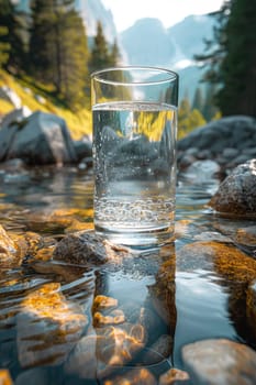 A transparent glass glass with drinking mountain water on the background of a mountain river . The concept of drinking mineral water.