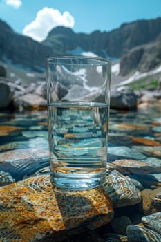 A transparent glass glass with drinking mountain water on the background of a mountain river . The concept of drinking mineral water.