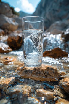 A transparent glass glass with drinking mountain water on the background of a mountain river . The concept of drinking mineral water.