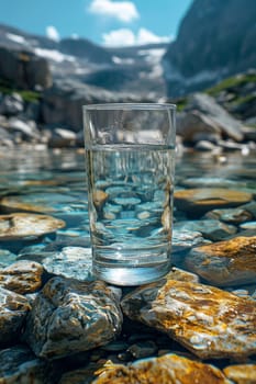 A transparent glass glass with drinking mountain water on the background of a mountain river . The concept of drinking mineral water.