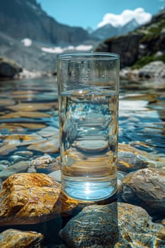 A transparent glass glass with drinking mountain water on the background of a mountain river . The concept of drinking mineral water.