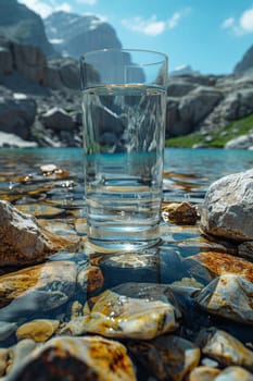 A transparent glass glass with drinking mountain water on the background of a mountain river . The concept of drinking mineral water.