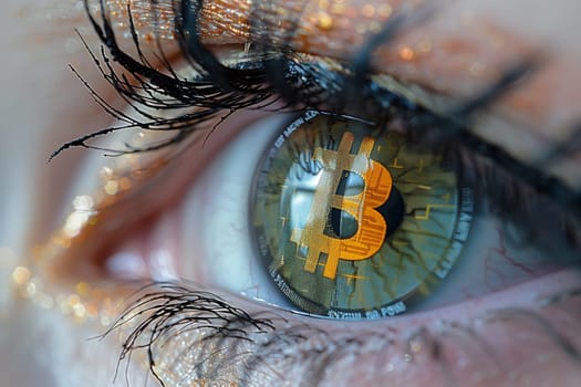 A close-up view of a persons eye with a clear reflection of a bitcoin symbol, showcasing the integration of cryptocurrency in everyday life.