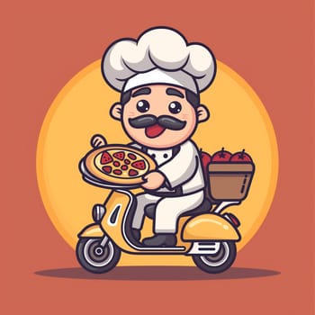 A man is riding a scooter with a pizza placed on it, navigating through a city street.