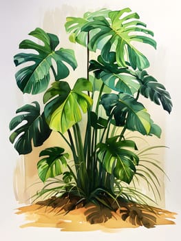 A vibrant painting of a lush tropical houseplant with large green leaves, showcasing the beauty of terrestrial plants in art and bringing a touch of nature to any room or landscape