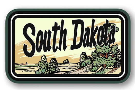 A close-up of a blue and white sign bearing the words South Dakota with a road in the background, indicating the entry into the state.