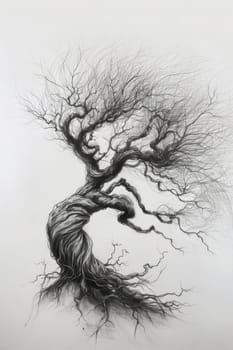 A stylized tree drawn in black pencil on a white background.