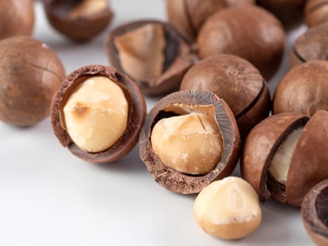 Set of macadamia nuts on white background with copy space. Set of macadamia nuts - whole unshelled, with open shells, and shelled. Isolated on white. Copy space for text.