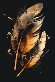 Golden feathers highlighted on a black background.