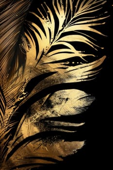 One golden feather highlighted on a black background. Illustration.