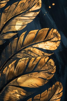 Golden feathers highlighted on a black background.