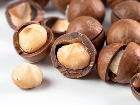 Set of macadamia nuts on white background with copy space. Set of macadamia nuts - whole unshelled, with open shells, and shelled. Isolated on white. Copy space for text.