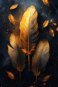 Golden feathers highlighted on a black background.