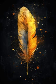 One golden feather highlighted on a black background. Illustration.