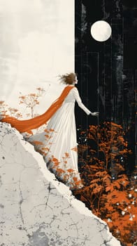 An illustration of a fictional character in a long white dress with an orange cape walking down a slope, surrounded by trees and soil, with a hat on top of a pole in the background