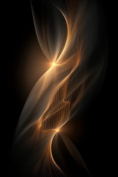 Abstract shiny gold wave design element with glitter effect on a black background.