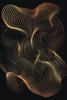 Abstract shiny gold wave design element with glitter effect on a black background.