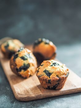 Homemade vegan blueberry muffins on dark background. Copy space for text or design. Vertical.