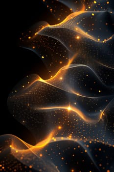 Abstract shiny gold wave design element with glitter effect on a black background.