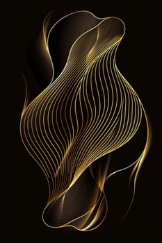 Abstract shiny gold wave design element with glitter effect on a black background.