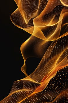 Abstract shiny gold wave design element with glitter effect on a black background.