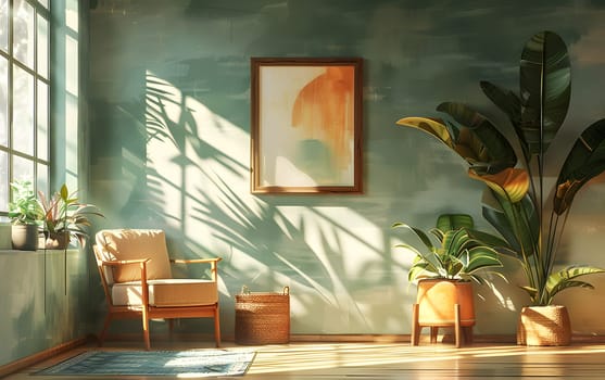 An interior design featuring a chair, potted plants, and a painting on the wall. The room is filled with a mix of tints and shades, complemented by wood flooring and houseplants in flowerpots
