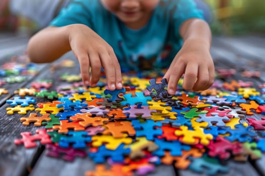 The child collects a colorful puzzle. Autism Recognition Day. The Art of Studying Autism.