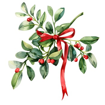 A flowering plant, mistletoe is known for its red berries and is often seen with a red bow. It is a parasitic shrub that produces berries on its pedicels
