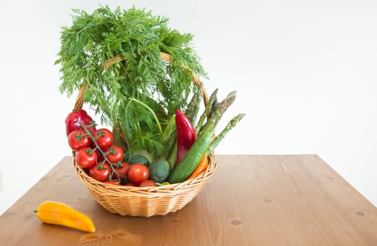 fresh assorted Vegetables in a basket on a wooden table, consumer vegetarian basket, tomatoes, fennel, paprika, asparagus,, cucumbers, avocado, Healthy eating concept, top view, High quality photo