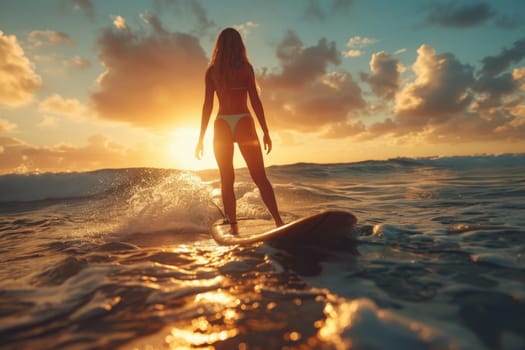 A young girl in a bikini is a surfer with a surfboard, floating on the waves.