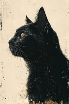 A black cat highlighted on a beige background. Illustration.