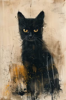 A black cat highlighted on a beige background. Illustration.