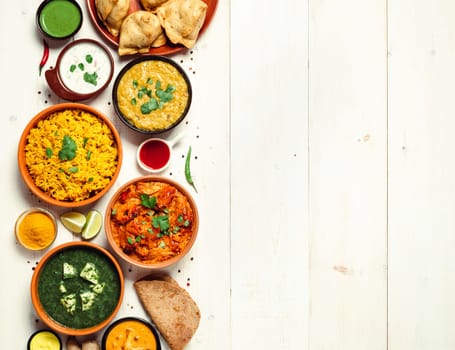 Indian cuisine dishes: tikka masala, dal, paneer, samosa, chapati, chutney, spices. Indian food on white wooden background. Assortment indian meal with copy space for text. Top view or flat lay.