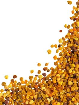 Extreme closeup view of bee pollen on white background. Isolated one edge. Copy space. Top view or flat lay. Vertical.