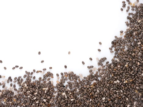 Chia seeds with copy space. Isolated one edge. Top view or flat lay. Healthy food and diet concept