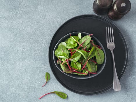 Fresh salad of green chard leaves or mangold on gray stone background. Flat lay or top view fresh baby beet leaves in craft ceramic bowl.