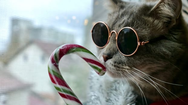 Scottish straight eared cat with red tie bow, glasses on New Year's holiday, celebrating Christmas. Pet sitting on the windowsill at home
