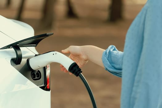 Hand insert EV charger plug into electric vehicle to recharge EV car battery from outdoor charging station. Fresh daylight environment with alternative clean and sustainable energy concept. Perpetual