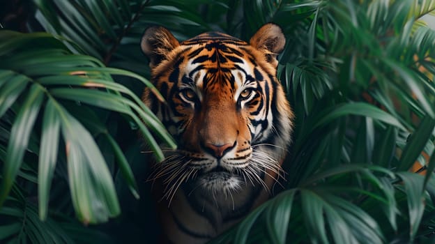 A Siberian tiger is standing in the jungle, staring into the camera. This Carnivore from the Felidae family is a powerful terrestrial animal